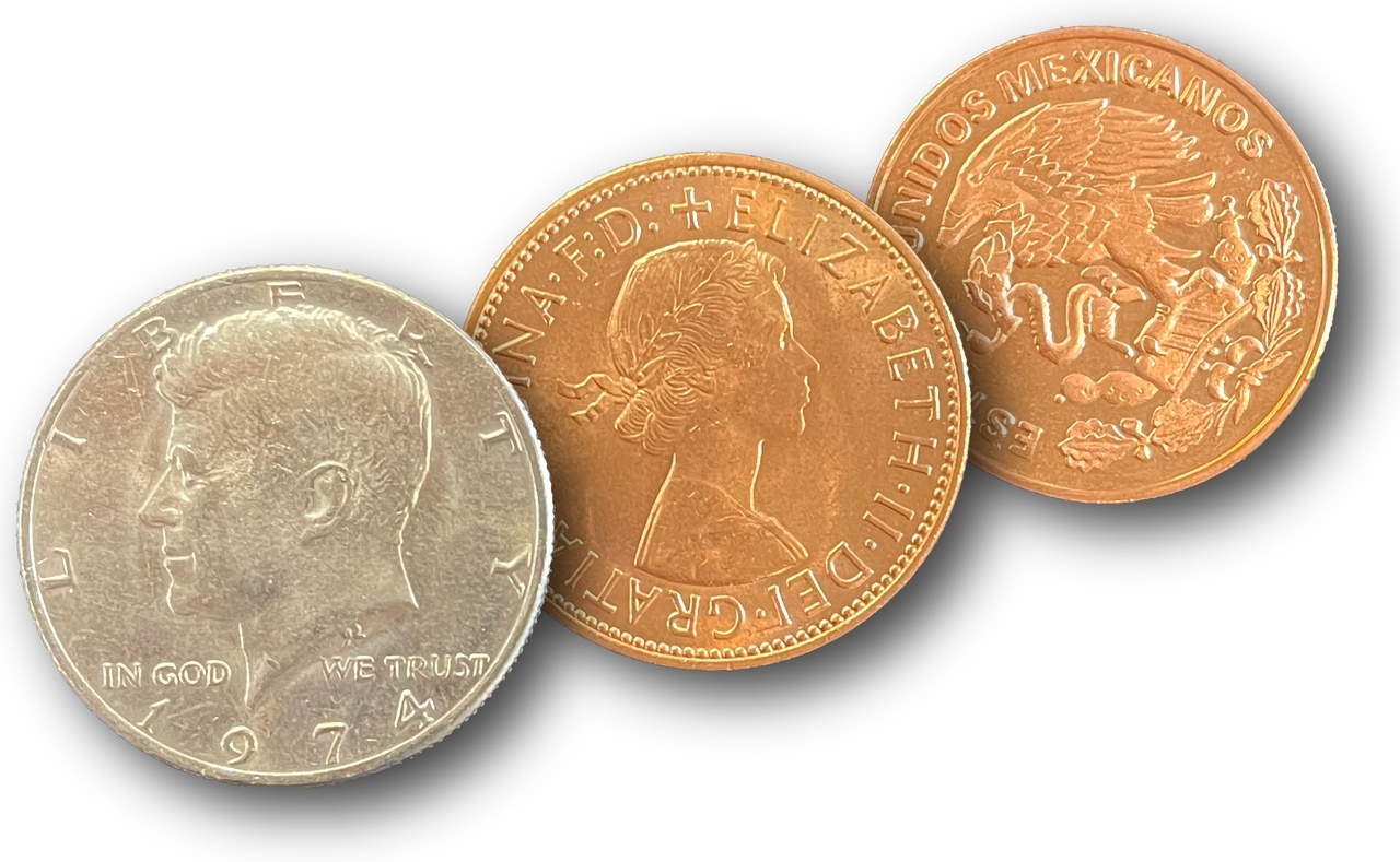 2 Copper, 1 Silver, Half Dollar, English Penny, Mexican Centavo